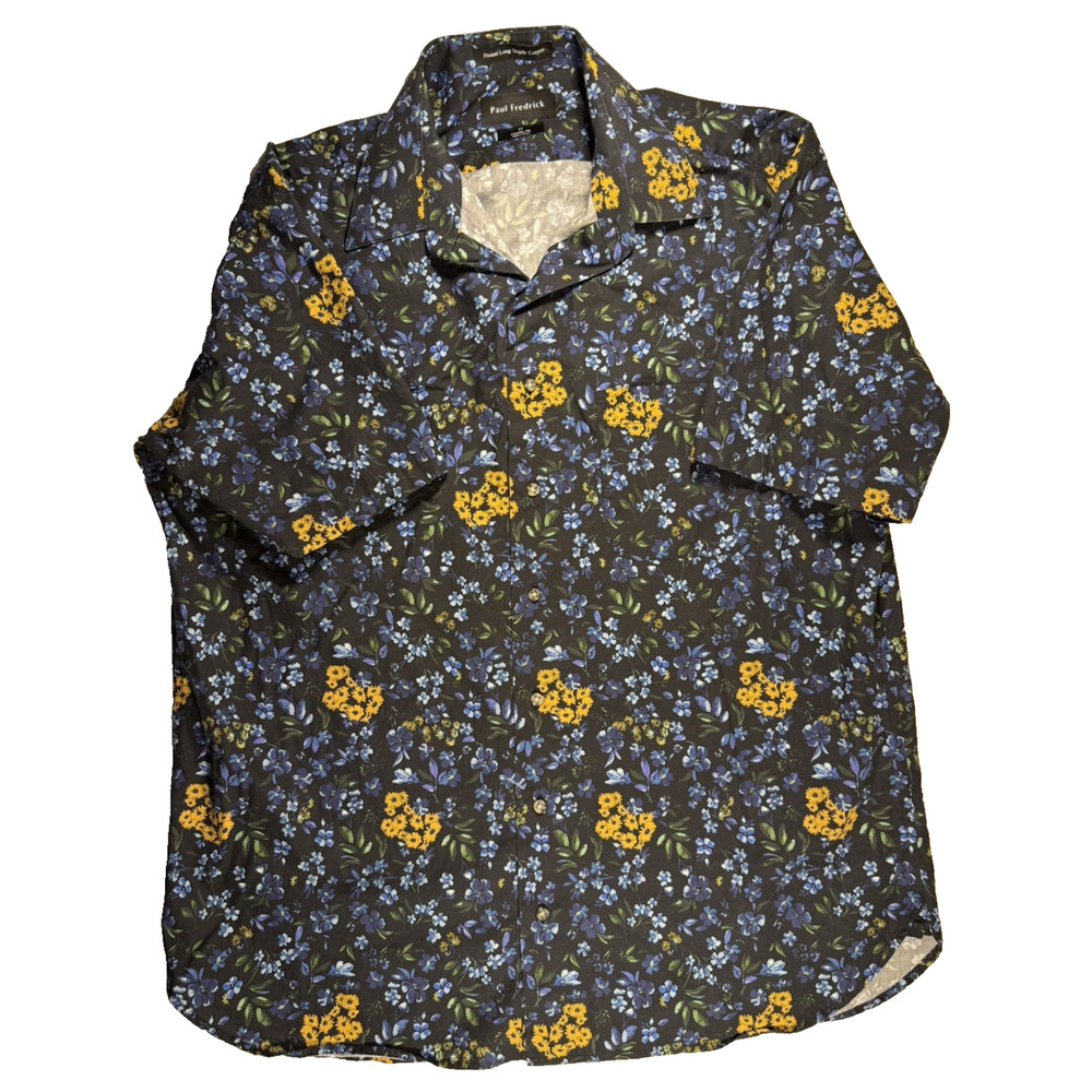 Paul Fredrick mens SS shirt Large Tall LT blue floral nature Casual weekend EUC